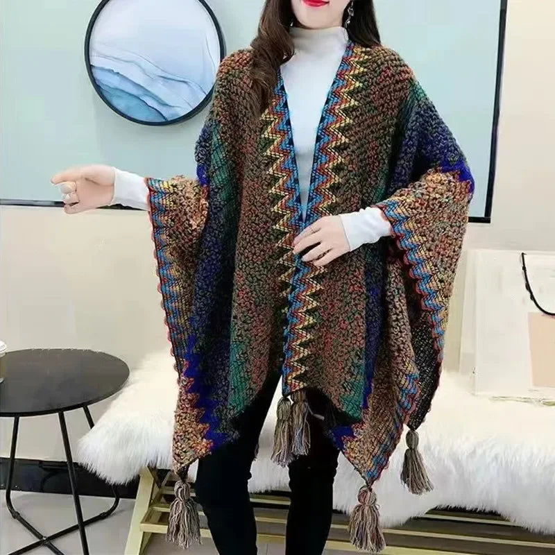 Chic Winter Poncho: Stylish Knitted Cardigan Cape for Women - Elegant Wrap Jacket & Sweater Jumper