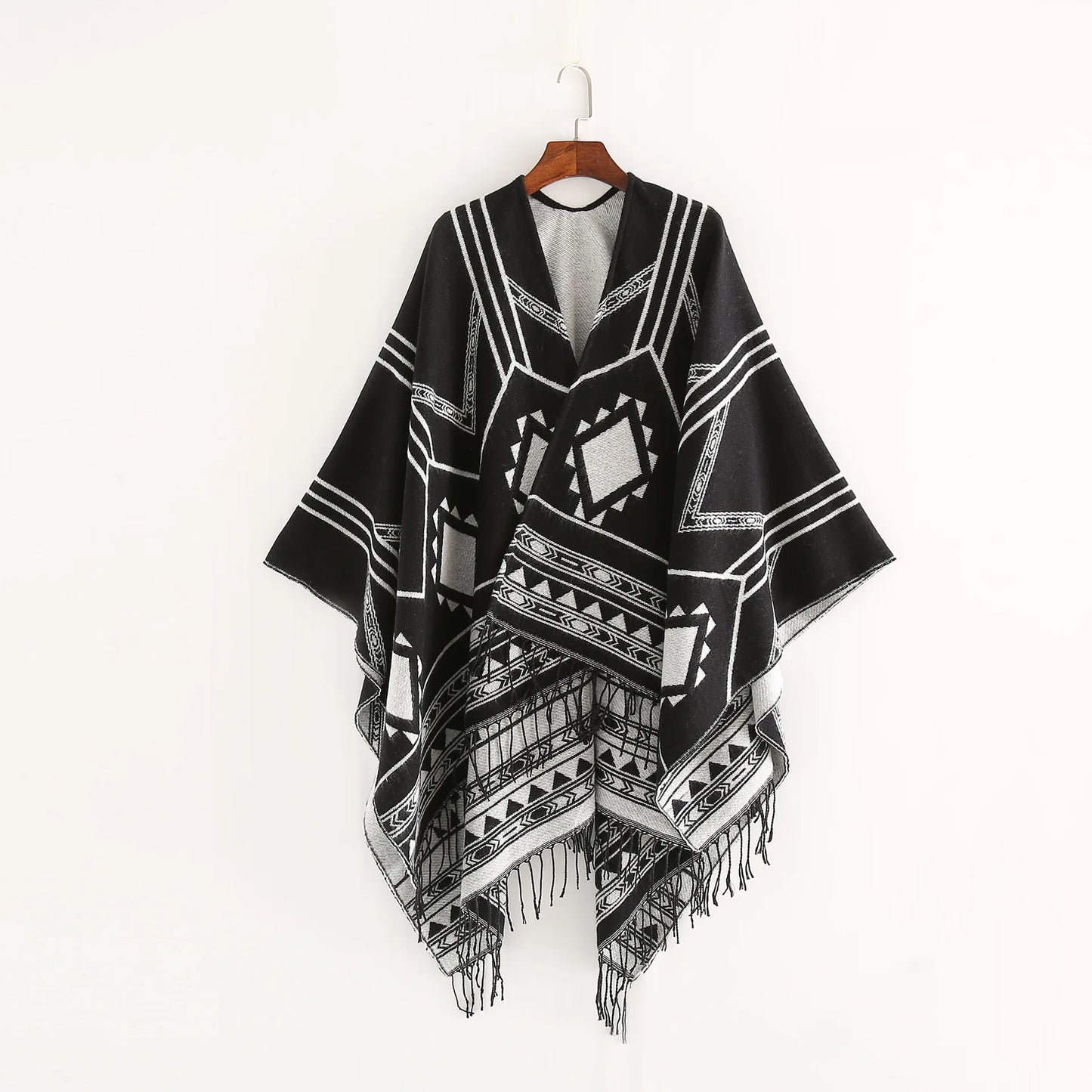 New Indian Nepalese Style Geometric Tassel Split Women Shawl Warm Air Conditioning Room Lady Cloak Poncho Capes Black Khaki