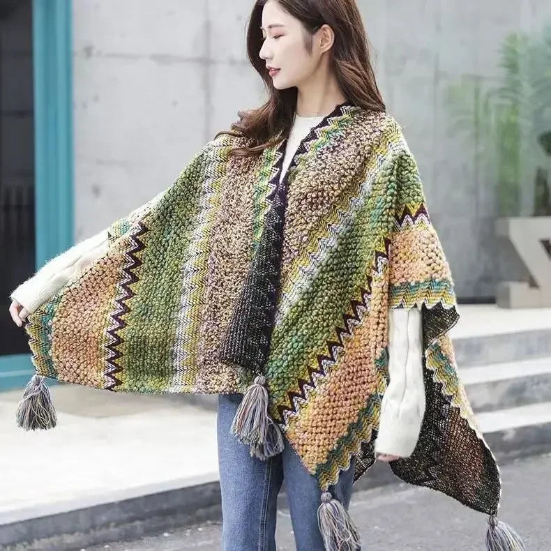 Chic Winter Poncho: Stylish Knitted Cardigan Cape for Women - Elegant Wrap Jacket & Sweater Jumper