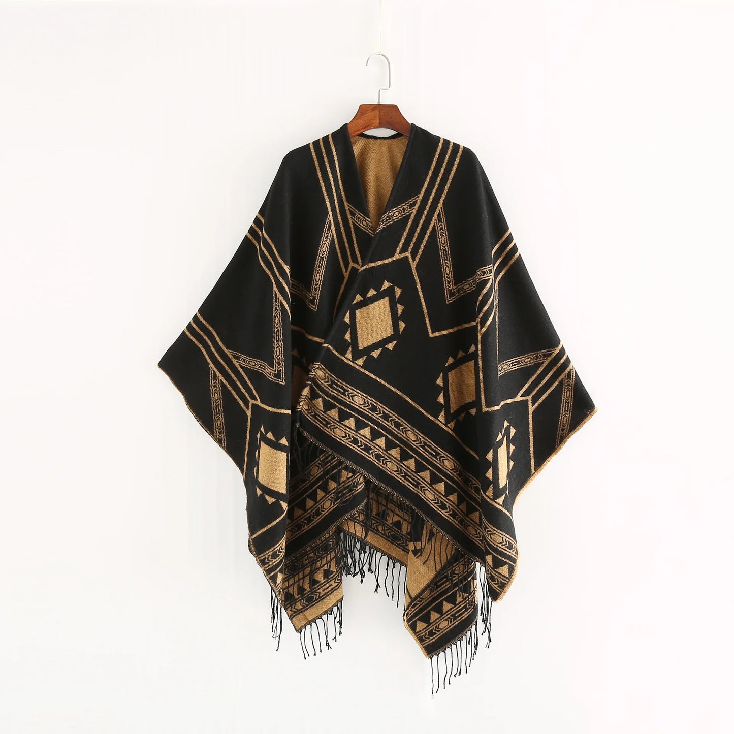 New Indian Nepalese Style Geometric Tassel Split Women Shawl Warm Air Conditioning Room Lady Cloak Poncho Capes Black Khaki